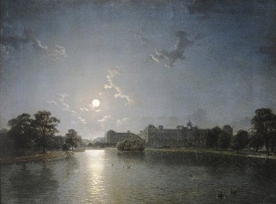 Landhaus über einem See im Mondlicht, ca. 1850 von English School