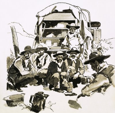 Cowboys versammeln sich um einen Chuck-Wagen von English School