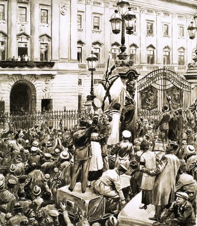 Menschenmengen vor dem Buckingham Palace jubeln König George V. am Waffenstillstandstag zu von English School