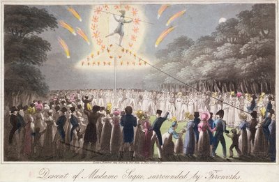 Abstieg von Madame Saqui, umgeben von Feuerwerk, veröffentlicht von Thomas Kelly (fl.1820-55) London von English School