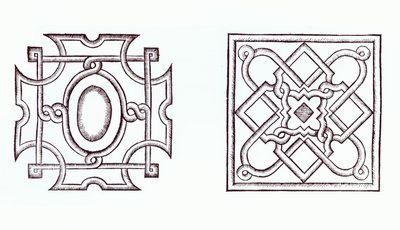 Entwürfe für einen Knoten-Garten, aus Der Garten der Landhausfrau, von William Lawson, veröffentlicht 1638 von English School