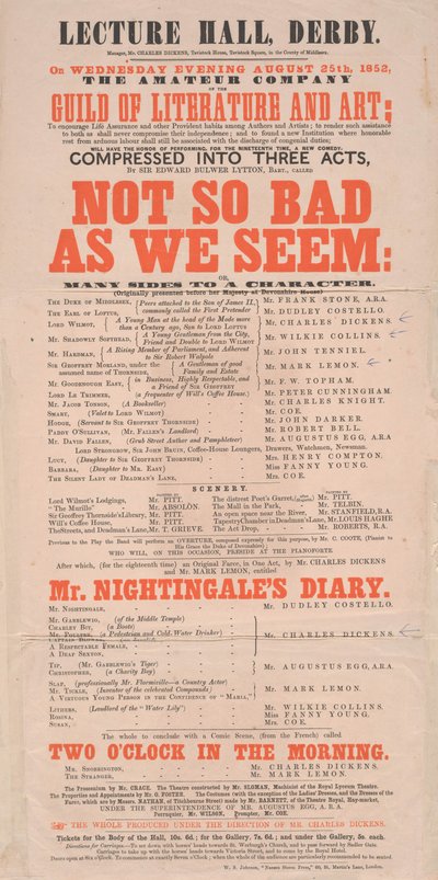 Dickens Spielplan: Not So Bad As We Seem im Lecture Hall, Derby, Programm für den 25. August 1852 von English School