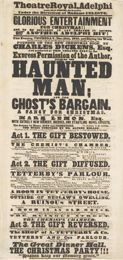 Dickens Spielplan: The Haunted Man im Adelphi Theatre Royal, 28. Dezember 1848 von English School