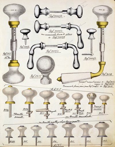 Türgriffe, aus einem Handelskatolog für Haushaltswaren und Einrichtungsgegenstände, ca. 1890-1910 von English School