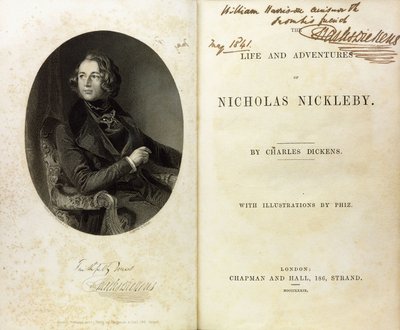 Doppelseite mit einem Porträt von Dickens und einer Widmung von Dickens an William Harrison Ainsworth von English School