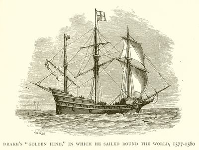 Drakes Golden Hind, mit der er die Welt umrundete, 1577-1580 von English School