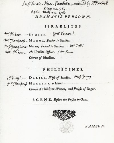 Dramatis Personae für Samson, ein Oratorium von Händel von English School