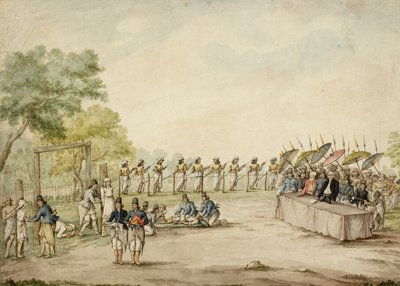 Niederländischer Richter und javanische Herrscher, die die Hinrichtung und Verstümmelung von Kriminellen beobachten, Java von English School