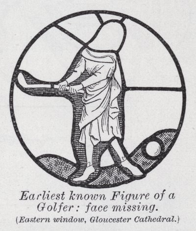 Früheste bekannte Figur eines Golfspielers, Gesicht fehlt, Ostfenster, Gloucester Cathedral von English School