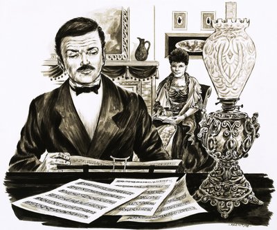Edward Elgar bei der Arbeit in seinem Wohnzimmer von English School