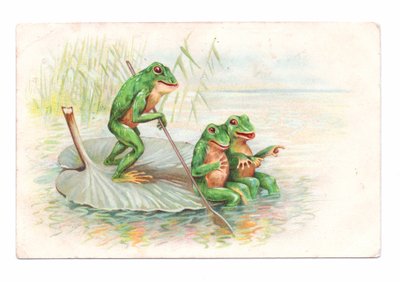 Edwardianische Postkarte von zwei Fröschen, die auf einem Seerosenboot sitzen, während ein dritter rudert, ca. 1910 von English School