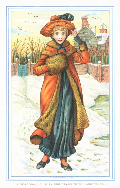 Elegante Dame im Schnee, Weihnachtskarte von English School