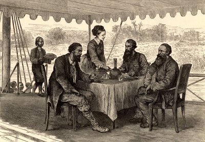 Englische Entdecker John Hanning Speke und James Augustus Grant in Gondokoro, Südsudan, am Ende ihrer Expedition, wo sie von Samuel und Florence Baker getroffen wurden (Gravur) von English School