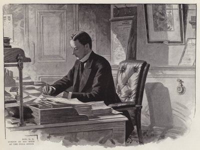 Der englische Politiker George Curzon bei der Arbeit in seinem Büro im India Office von English School