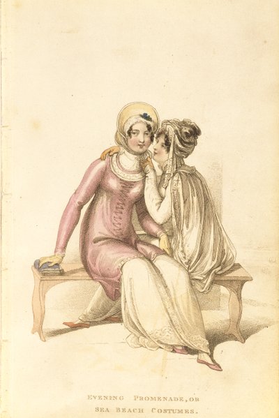 Abend-, Promenaden- oder Strandkostüme, Modeplatte aus Ackermanns Repository of Arts von English School