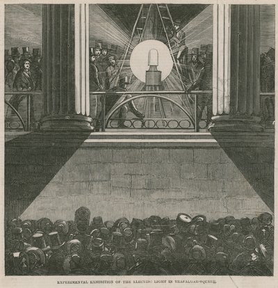 Experimentelle Ausstellung des elektrischen Lichts auf dem Trafalgar Square, London von English School