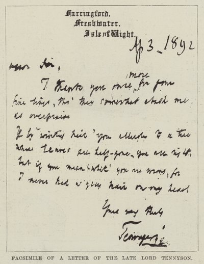 Faksimile eines Briefes des verstorbenen Lord Tennyson von English School