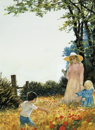 Familie auf blühendem Feld von English School