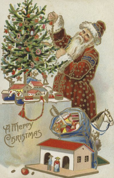 Weihnachtsmann schmückt einen Weihnachtsbaum von English School