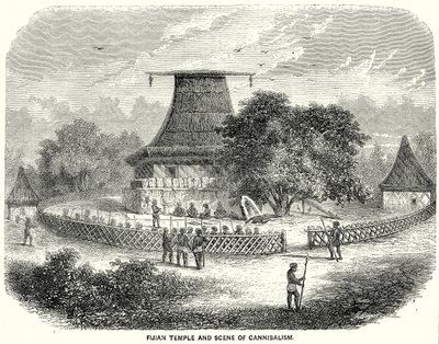 Fidschianischer Tempel und Szene des Kannibalismus von English School