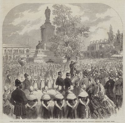 Freie Eröffnung der Gärten der Royal Horticultural Society am Jahrestag des Geburtstags des verstorbenen Prinzgemahls (Stich) von English School