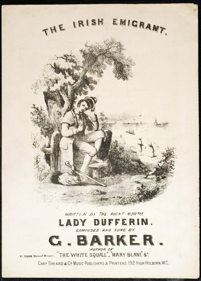 Titelseite der Partitur für The Irish Immigrant, geschrieben von Lady Dufferin, komponiert von G. Barker von English School