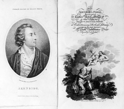 Frontispiz und Titelseite für Akensides Gedichte aus Cookes Pocket Edition of Select British Poets, veröffentlicht 1799 von English School