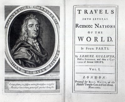 Frontispiz und Titelseite zu Gullivers Reisen von Jonathan Swift, 1726 von English School