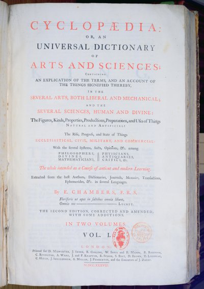 Frontispiz der Enzyklopädie: Ein Universalwörterbuch der Künste und Wissenschaften, Bd. I, von Ephraim Chambers, London, 1738 von English School