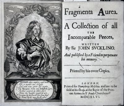 Frontispiz von Fragmenta Aurea, Eine Sammlung aller unvergleichlichen Stücke, geschrieben von Sir John Suckling, veröffentlicht 1646 von English School
