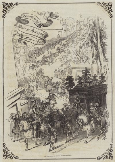 Beerdigung des Herzogs von Sussex, 4. Mai 1843, der Prozession auf dem Kensal-Green-Friedhof (Stich) von English School