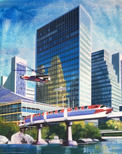 Futuristischer Einschienenbahn und Hubschrauber von English School