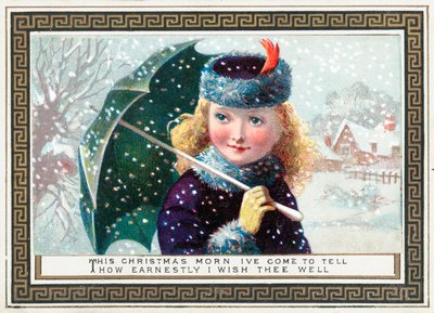 Mädchen hält Regenschirm im Schnee, Weihnachtskarte von English School