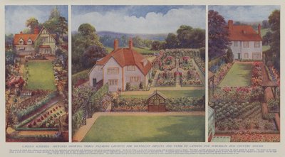 Gartenschemata, Skizzen, die drei ansprechende Layouts für verschiedene Aspekte und Arten von Gärten für Vorstadt- und Landhäuser zeigen von English School