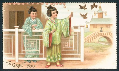 Geisha-Mädchen füttern Vögel von English School