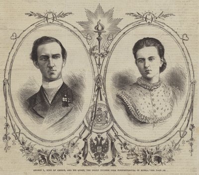 Georg I., König von Griechenland, und seine Königin, Großherzogin Olga Konstantinowna von Russland (Stich) von English School