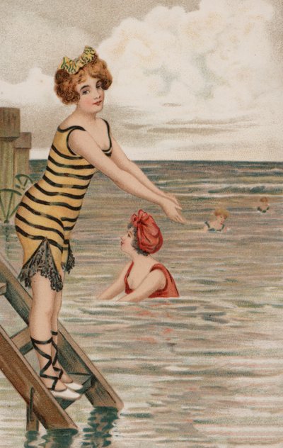 Mädchen, das ins Meer tauchen will (Farblithografie) von English School