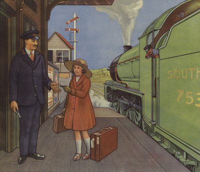 Mädchen gibt dem Bahnhofsvorsteher ihr Bahnticket von English School