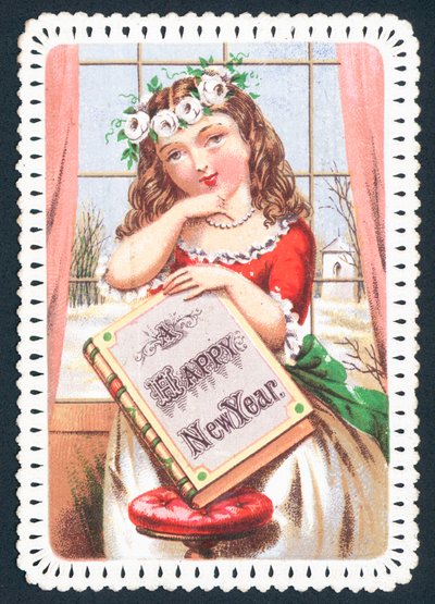 Mädchen hält Buch, Neujahrskarte von English School