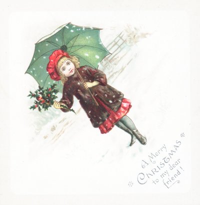 Mädchen hält Regenschirm und Stechpalme im Schnee, Weihnachtskarte von English School