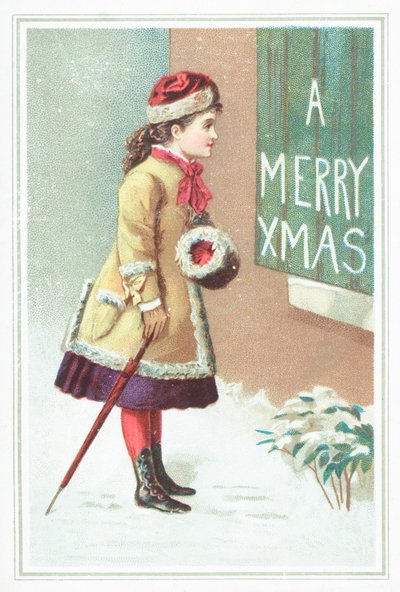Mädchen liest Weihnachtsschild, Weihnachtskarte von English School