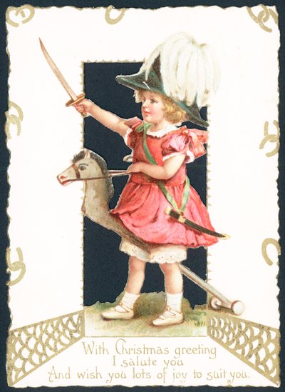 Mädchen reitet auf Steckenpferd, Weihnachtskarte von English School