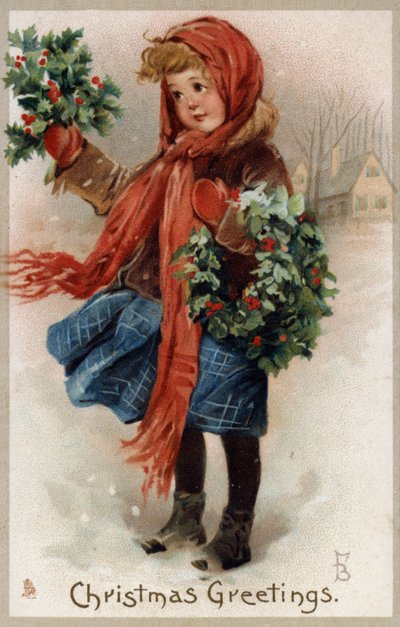 Mädchen verkauft Stechpalmen und Weihnachtskränze (Chromolithografie) von English School