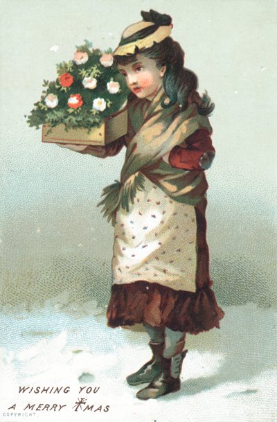 Mädchen geht im Schnee mit Blumenbox, Weihnachtskarte von English School