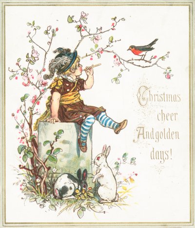 Mädchen mit Kaninchen, pfeift auf Rotkehlchen, Weihnachtskarte von English School