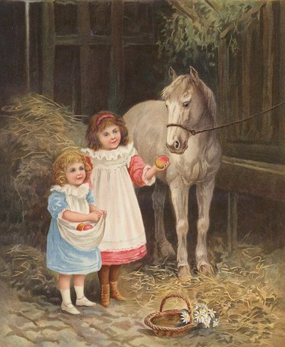 Mädchen füttern ein Pferd mit Äpfeln von English School