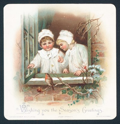 Mädchen im Nachthemd schauen auf Rotkehlchen aus dem Fenster, Weihnachtskarte von English School