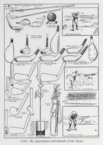 Golf, die Ausrüstung und Details des Spiels (Lithografie) von English School