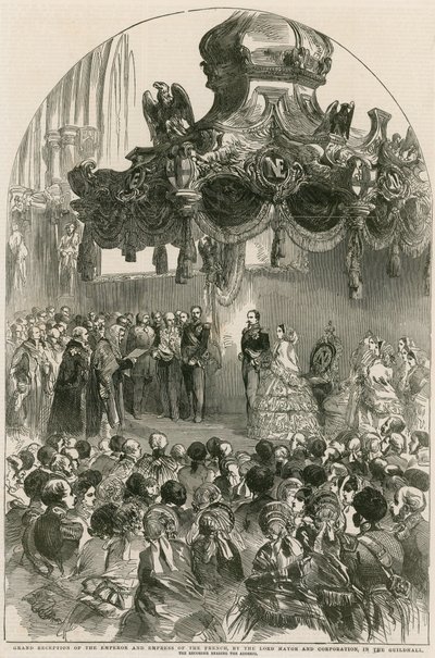 Großer Empfang des Kaisers und der Kaiserin von Frankreich durch den Lord Mayor und die Corporation in der Guildhall, London von English School