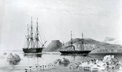 HMS Assistance im Schlepptau von Pioneer passiert John Harrow Mount, North Wellington Channel im Jahr 1853 von English School